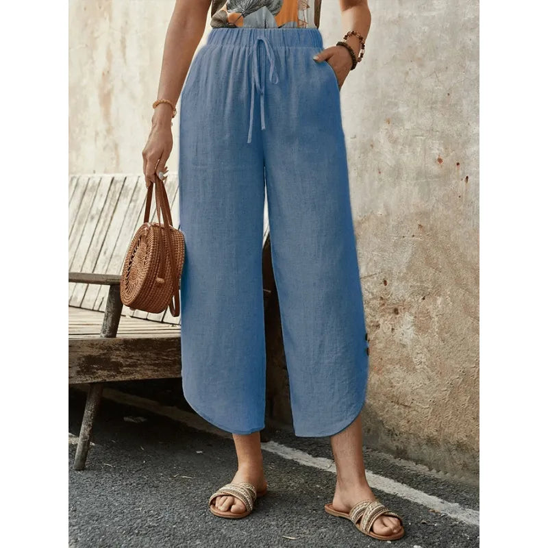 Élise - Pantalon large en lin bleu