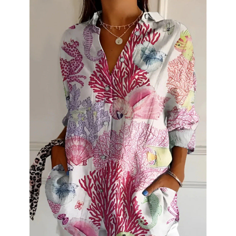 Coralina - Blouse à manches longues imprimée d'un motif océanique