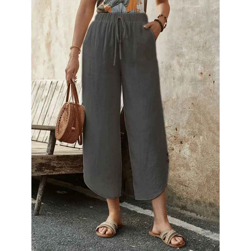Élise - Pantalon large en lin bleu