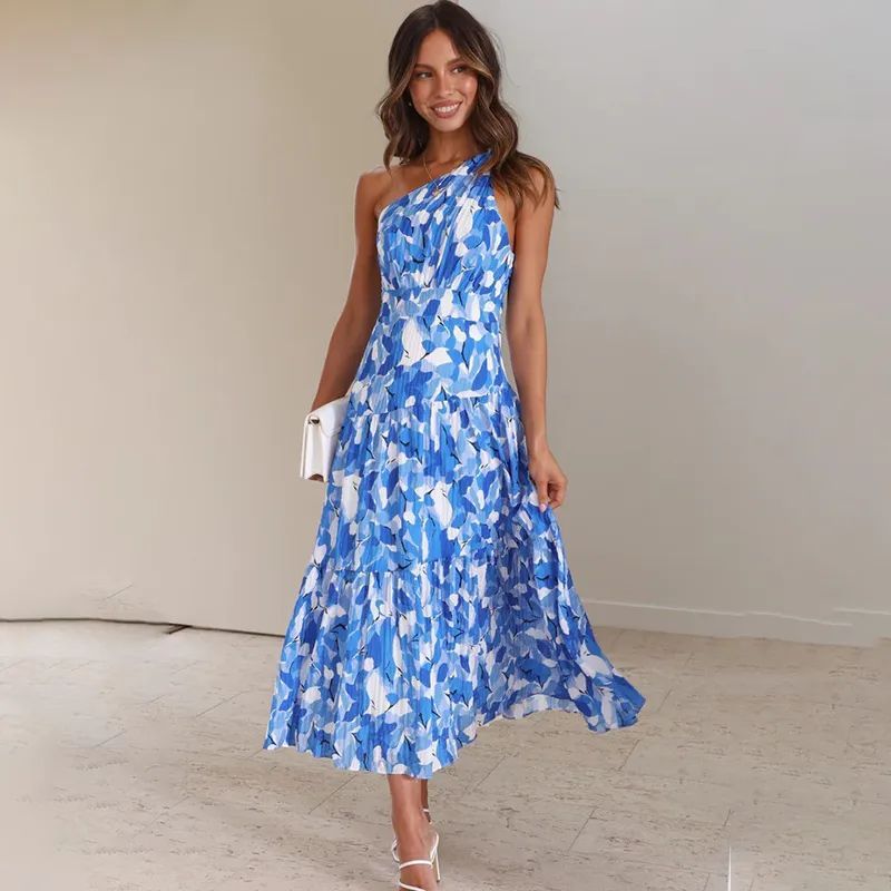 Alessia - Robe longue asymétrique à imprimé bleu