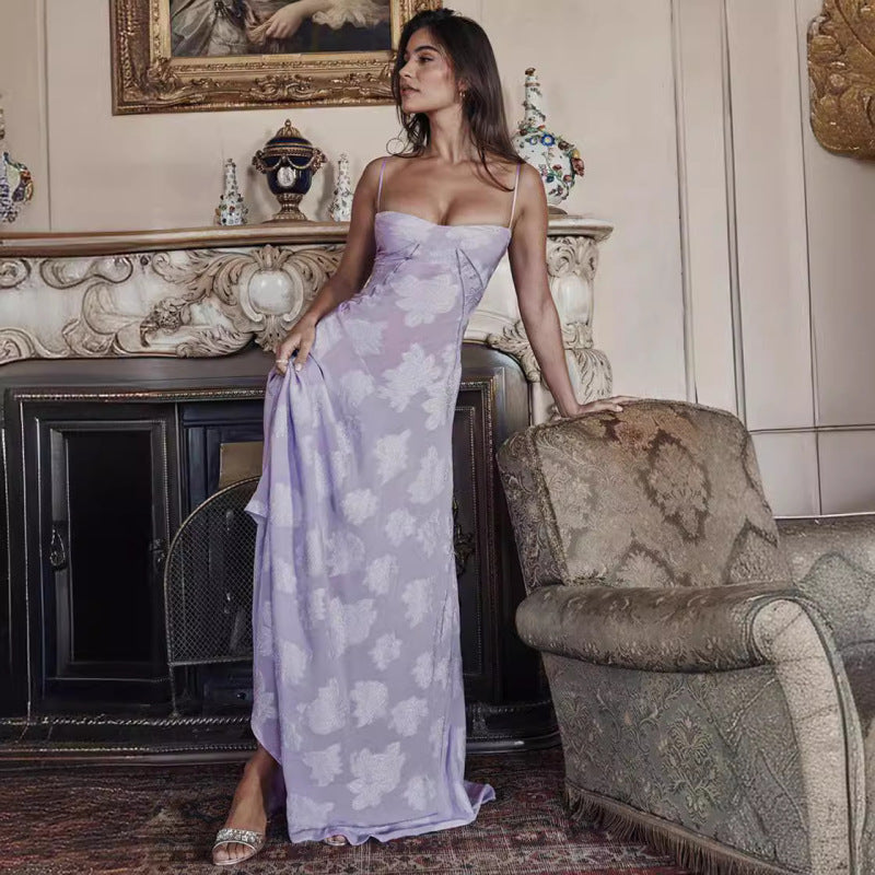 Aurélia - Robe longue lilas à motifs floraux