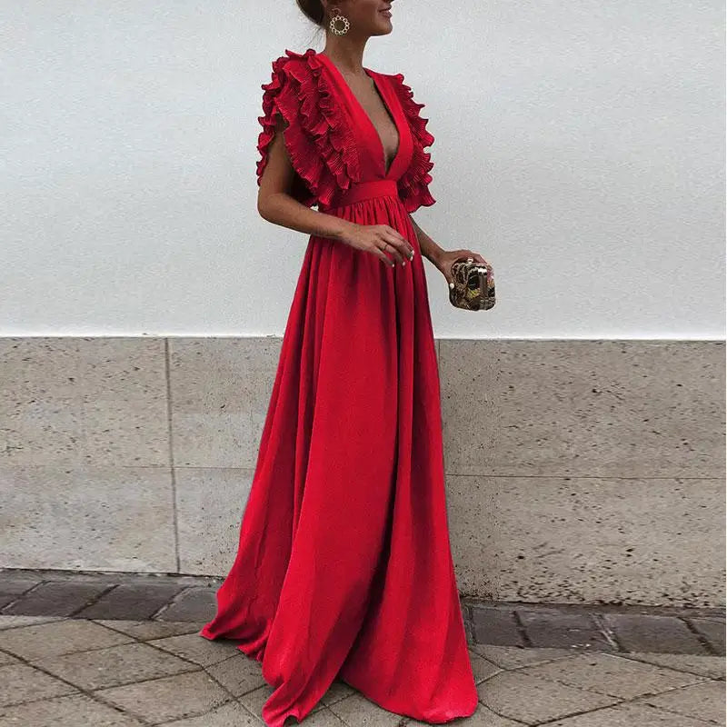 Barbara - Robe longue bleu ciel à volants élégants