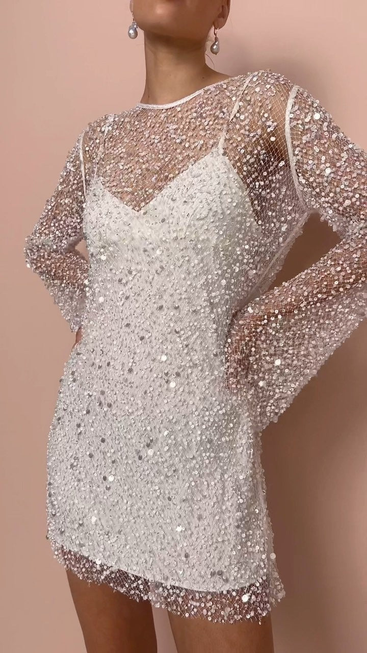 Clémence - Robe courte en mesh perlée transparente