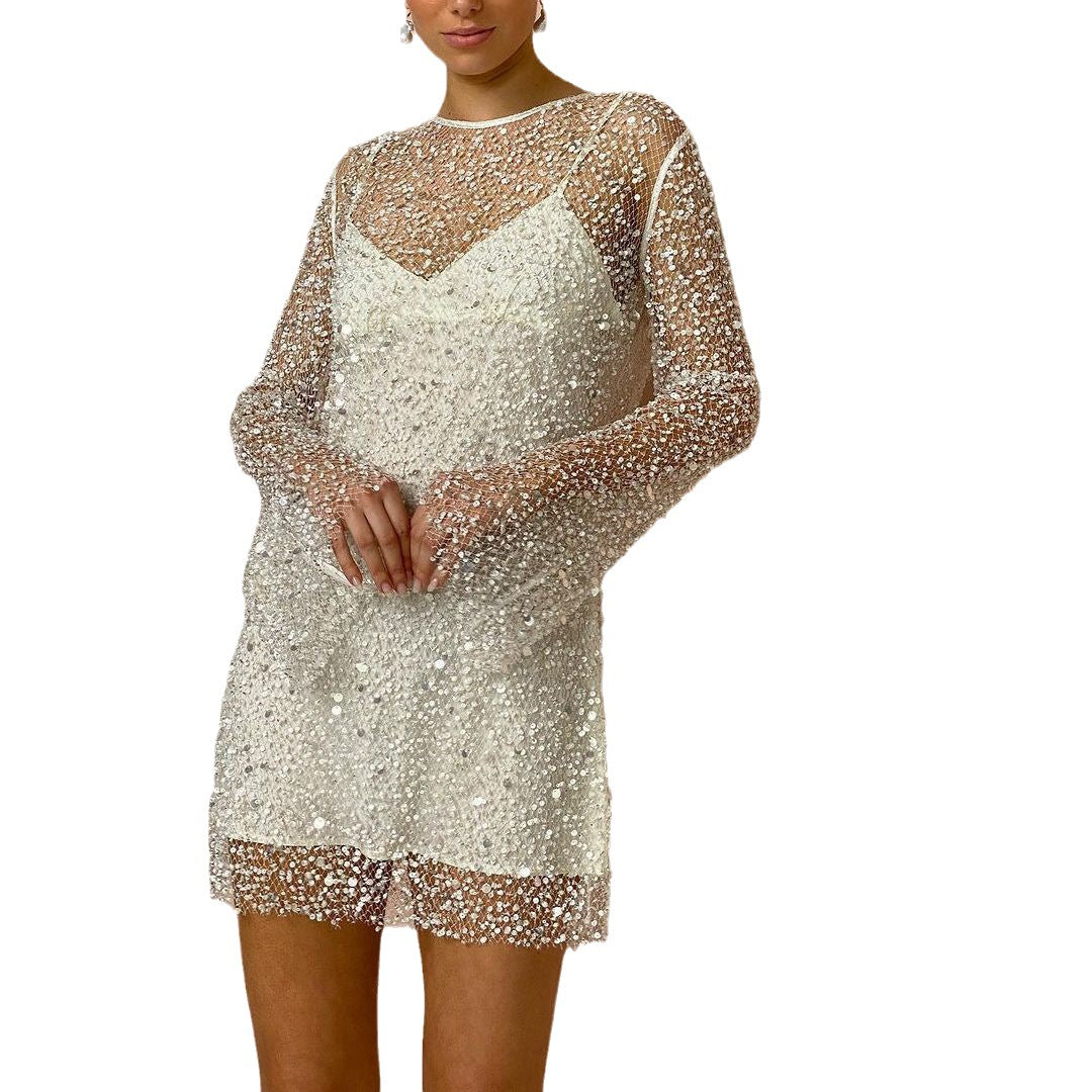 Clémence - Robe courte en mesh perlée transparente