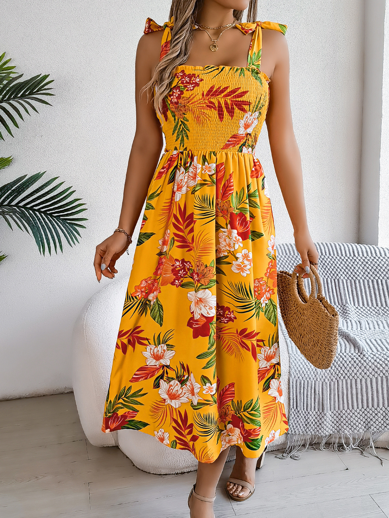 Isadora - Robe longue fleurie à smocks