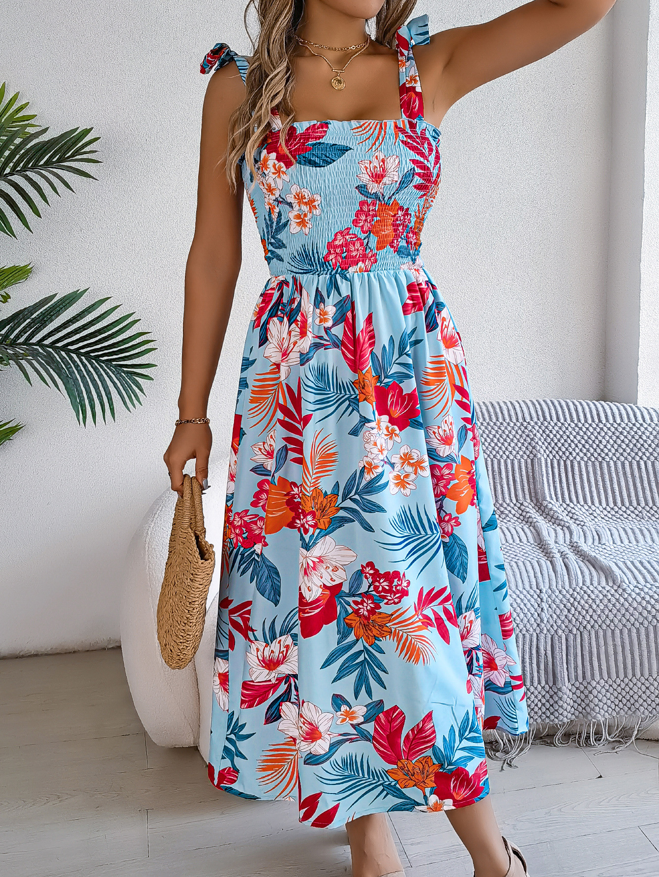 Isadora - Robe longue fleurie à smocks