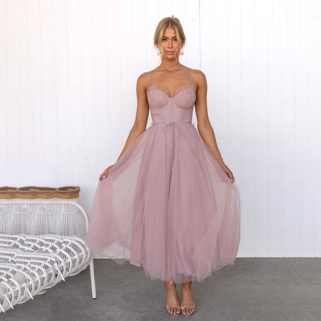 Julia - Robe midi rose en tulle romantique