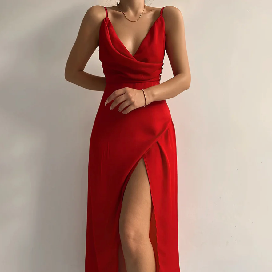 Viviane - Robe fendue à bretelles et col en V
