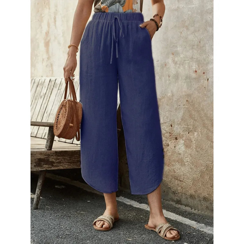 Élise - Pantalon large en lin bleu