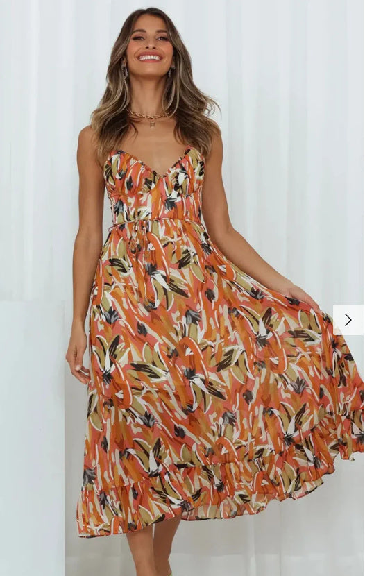 Camila - Robe midi imprimée à fines bretelles et volants