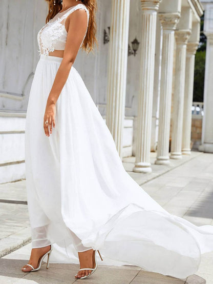 Gisela | Robe de mariée large avec dentelle, traîne et jupe fluide en mousseline de soie