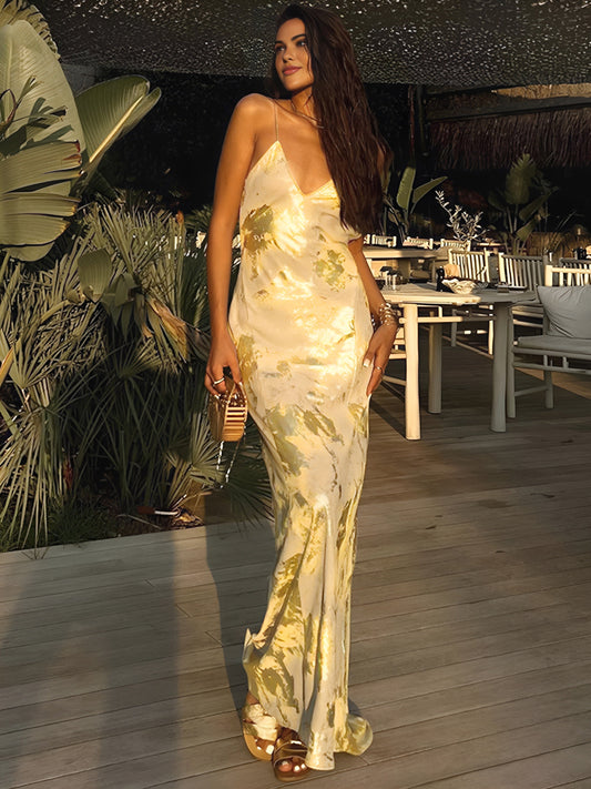 Elena - Robe longue satinée à bretelles