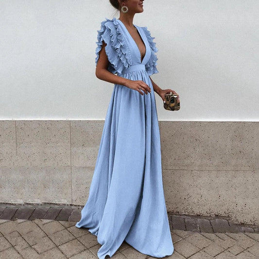 Barbara - Robe longue bleu ciel à volants élégants