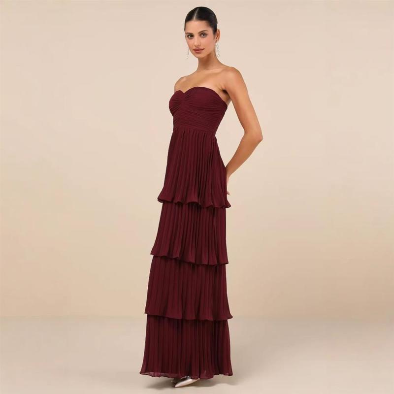 Clara - Robe bustier longue plissée bordeaux