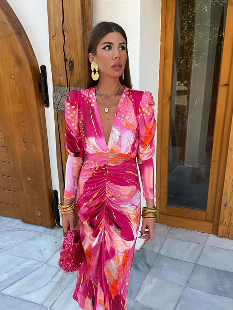 Gabriela - Robe midi colorée à manches longues