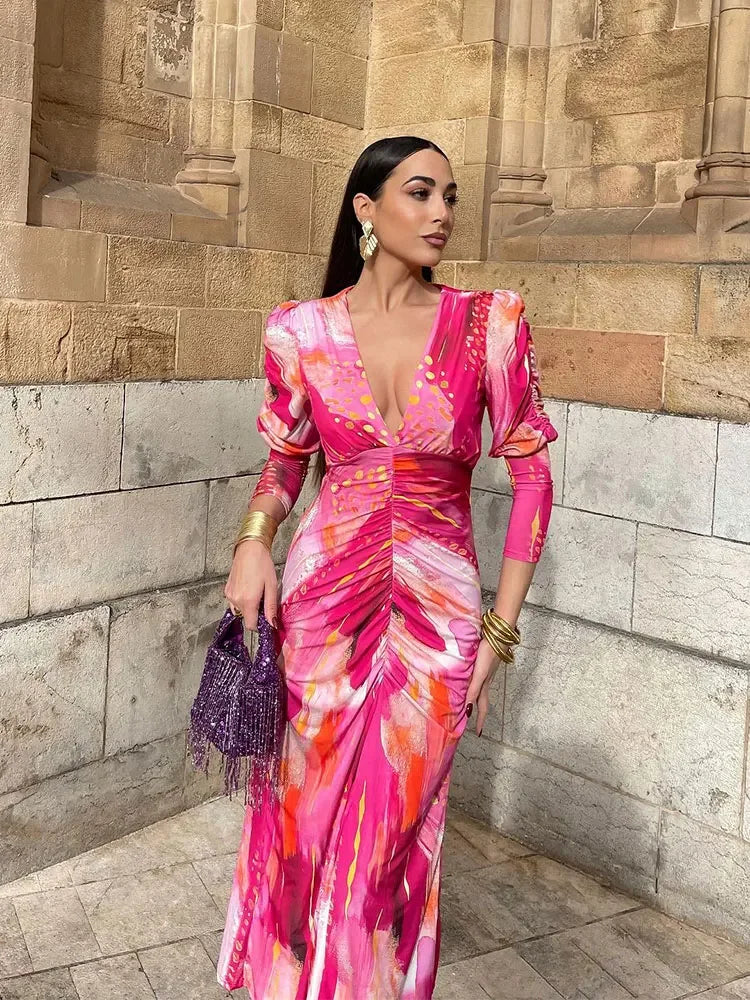 Gabriela - Robe midi colorée à manches longues