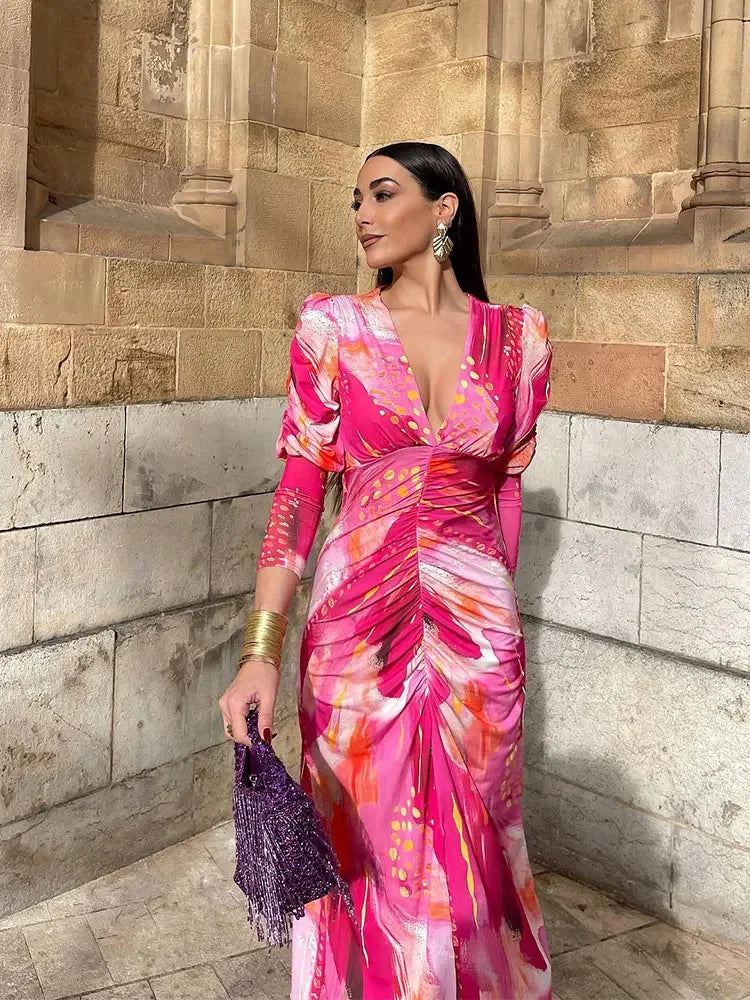 Gabriela - Robe midi colorée à manches longues