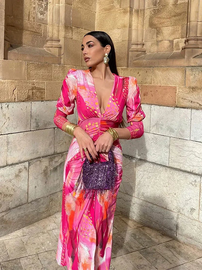 Gabriela - Robe midi colorée à manches longues