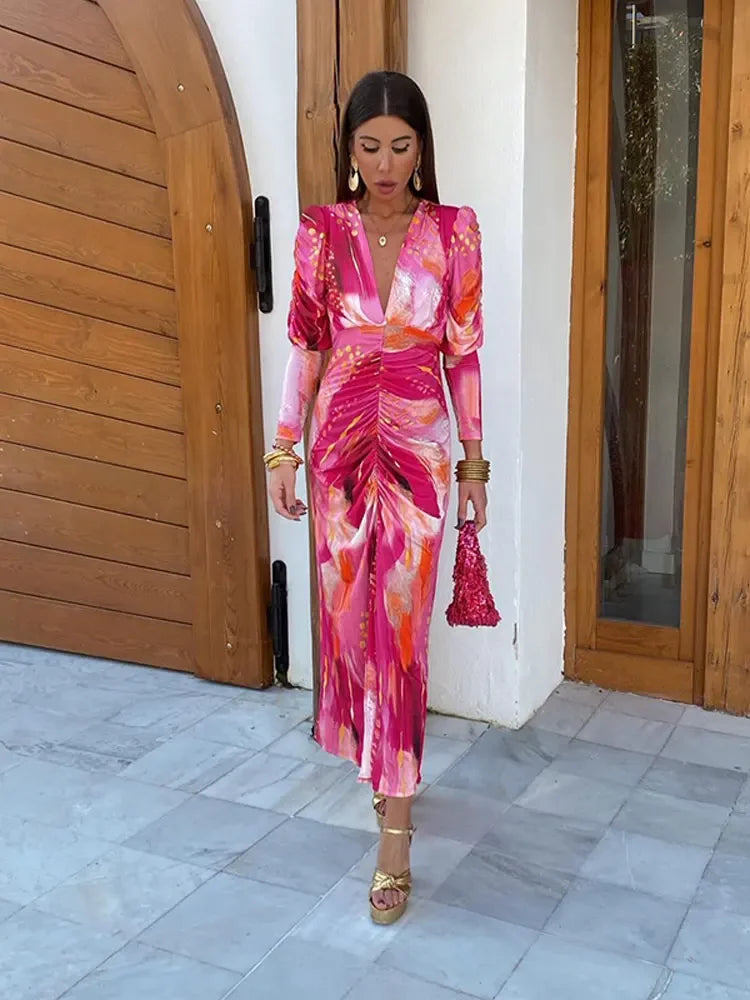 Gabriela - Robe midi colorée à manches longues