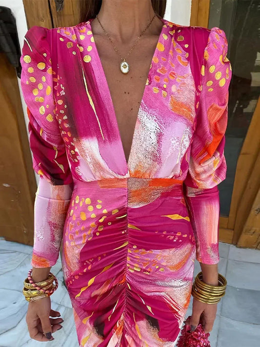 Gabriela - Robe midi colorée à manches longues