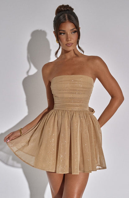 Nora - Robe bustier courte à paillettes dorées