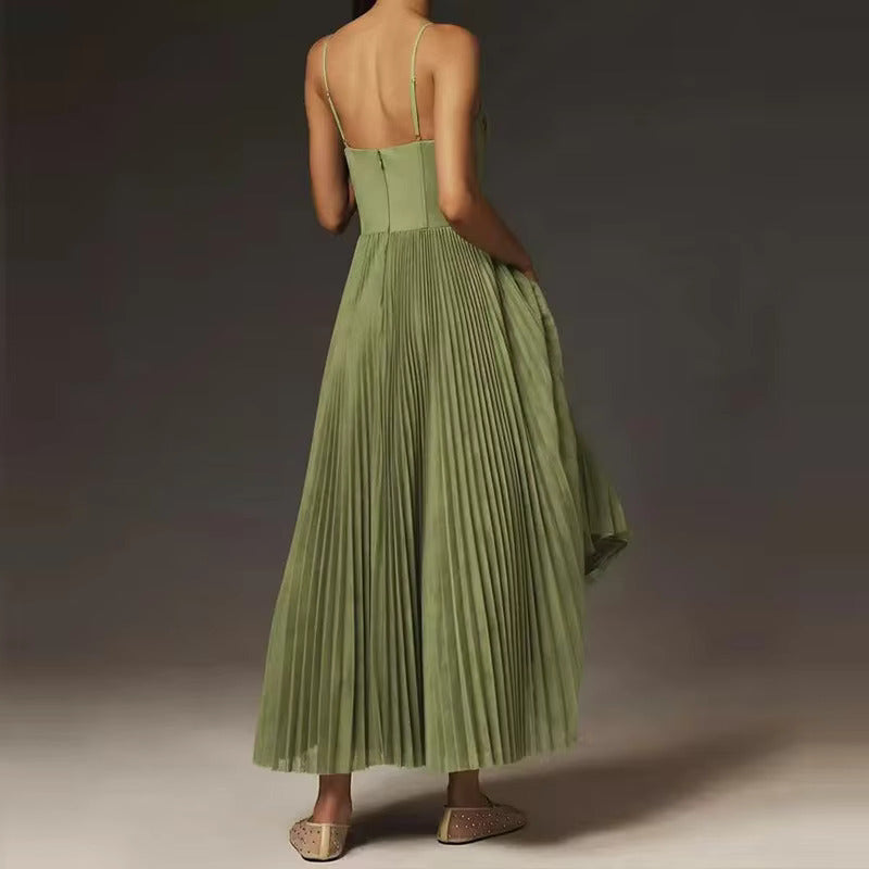 Elina - Robe longue plissée à fines bretelles
