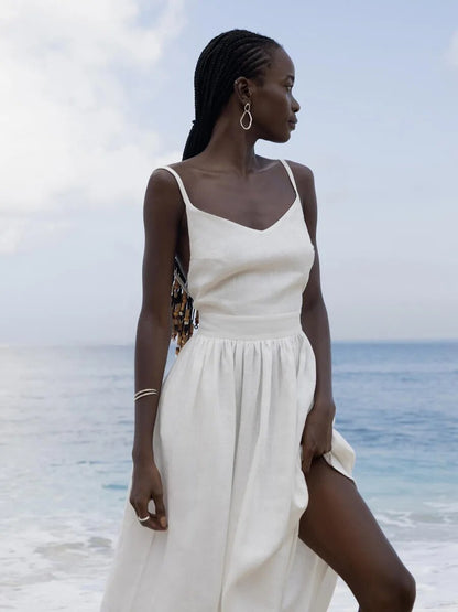 Tania - Robe longue d'été en lin à bretelles