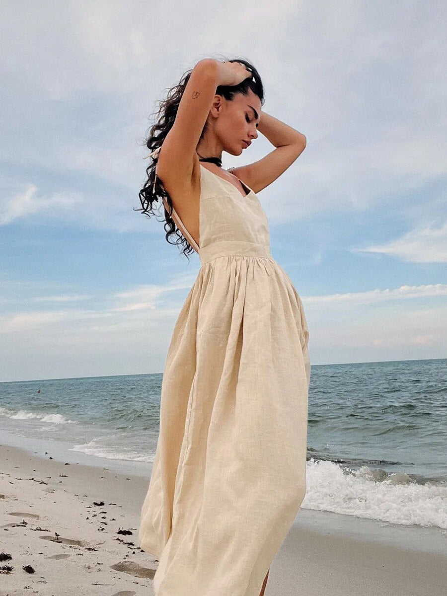 Tania - Robe longue d'été en lin à bretelles