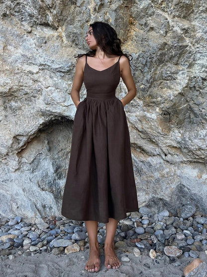 Tania - Robe longue d'été en lin à bretelles