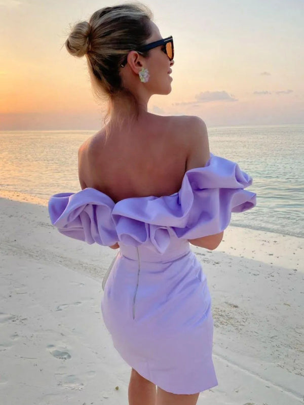 Waverly - Robe courte en satin lavande à volants
